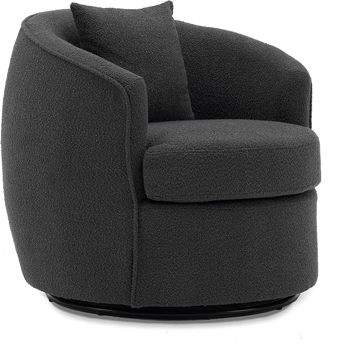 Swivel Accent Chair Modern Upholstered Boucle Barrel Arm Chairs with Pillow for Living Room 360 Degree Round Swivel Sherpa Armchair with Round Base for Bedroom Club (1 Dark Grey)