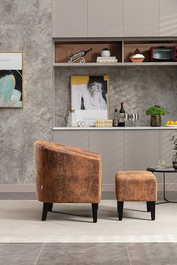 Accent Chair with Ottoman Mid Century Modern Barrel Chair Upholstered Club Tub Round Arms Chair for Living Room