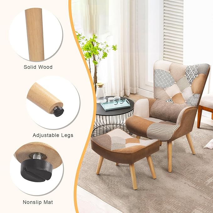 HomeMiYN Accent Patchwork Chair with Ottoman Set Fabric High Wingback Chair Comfy Bohemian Flax Design with Throw Pillow for Living Room Bedroom Patchwork Brown