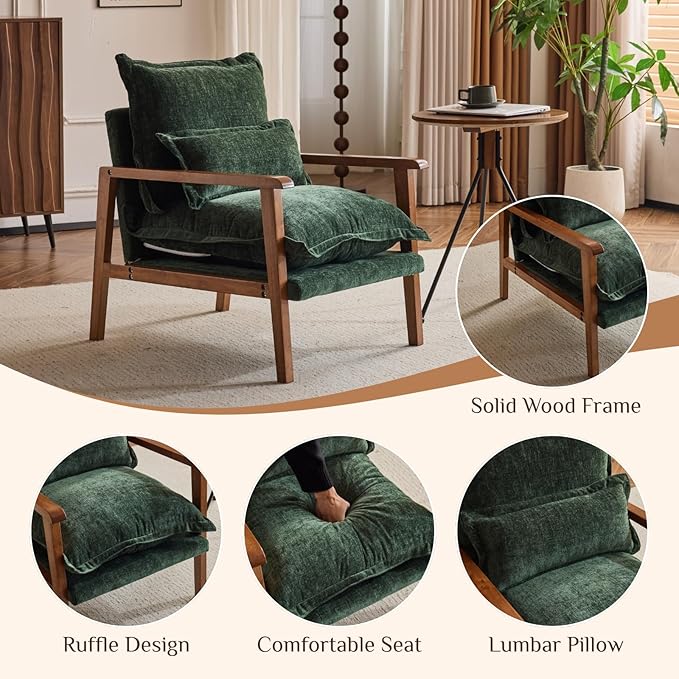 Karl home Midcentury Accent Chair for Living Room Chenille Upholstered Lounge Armchair with Lumbar Pillow Ruffle-Designed Cozy Reading Chair with Wood Legs Dark Green