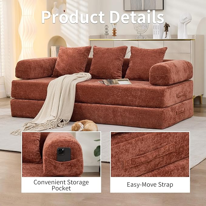 Convertible Sofa Bed 4-in-1 Floor Foldable Couch Bed with Armrests &amp Pillow Chenille Fabric No Assembly Required Comfy Memory Foam Couch Lounge Sofa for Living Room Orange
