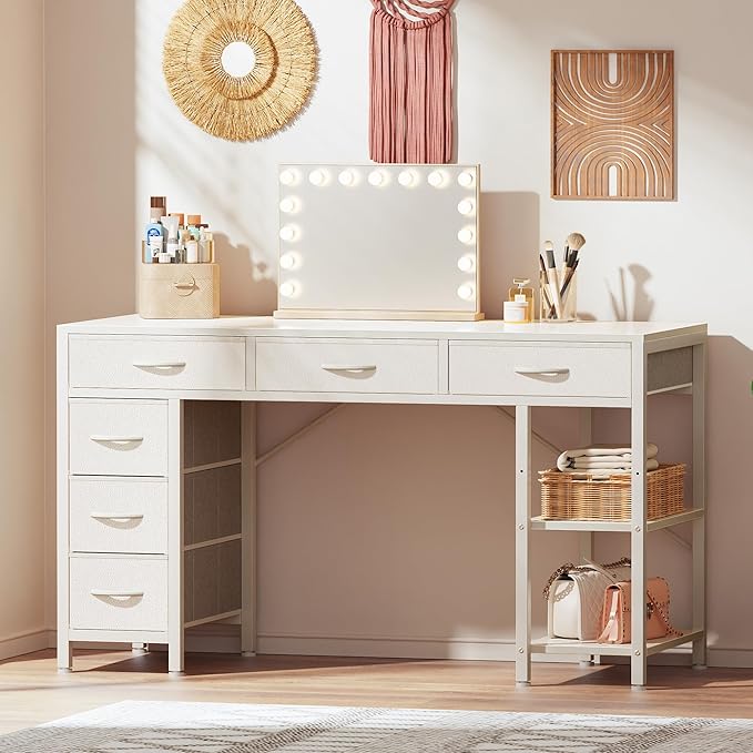 Huuger Computer Desk with 6 Drawers Office Desk with Shelves Reversible Gaming Desk Corner Desk with Storage Work for Home Office Study Living Room 47inch White