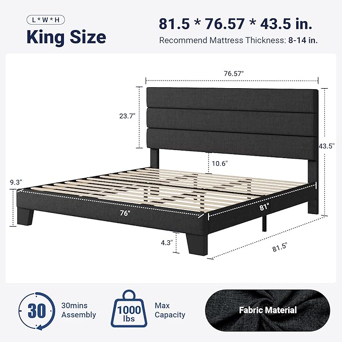 Allewie King Bed Frame Platform Bed with Fabric Upholstered Headboard and Wooden Slats Support Fully Upholstered Mattress Foundation/No Box Spring Needed/Easy Assembly Dark Grey