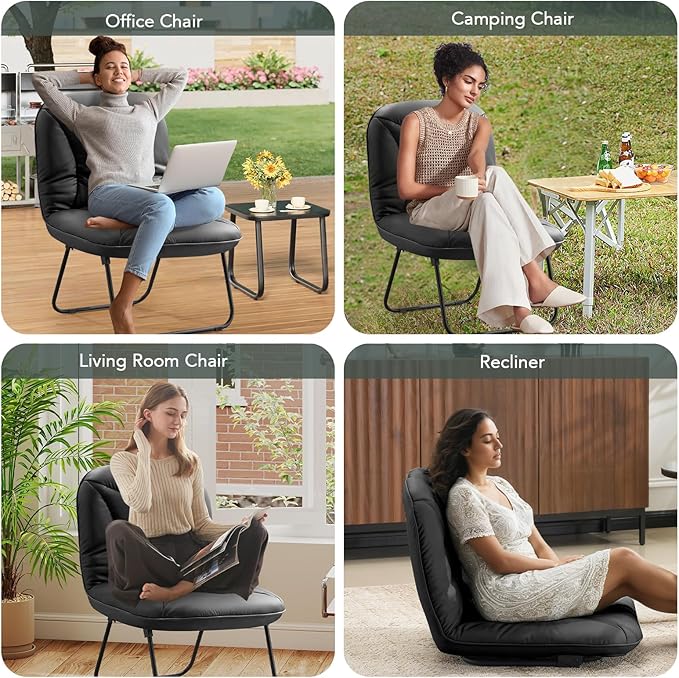 Furniliving 3 in 1 Folding Chair Foldable Floor Chair for Reading Lounging &amp Gaming Portable Camping Chair with Metal Frame Comfy Accent Chair Reading Chair for Indoor Living Room PU (Black)
