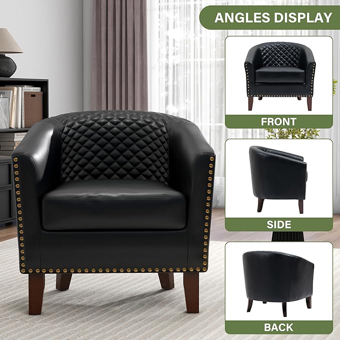 UIXE Faux Leather Barrel Accent Chairs Set of 2 Modern Club Upholstered Arm Chair Comfy Armchair Nailed Trim Living Room Single Sofa Reading Seat Bedroom Side Sitting for Office Black