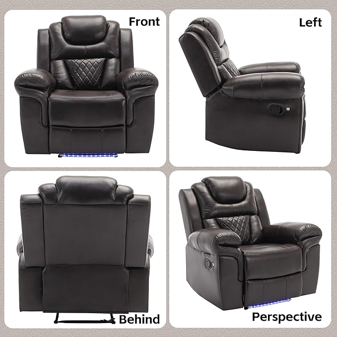 Leather Recliner Chair with Adjustable Backrest Modern Home Theater Seating with LED Light Strip for Living Room Bedroom Home TheaterRV(Brown)