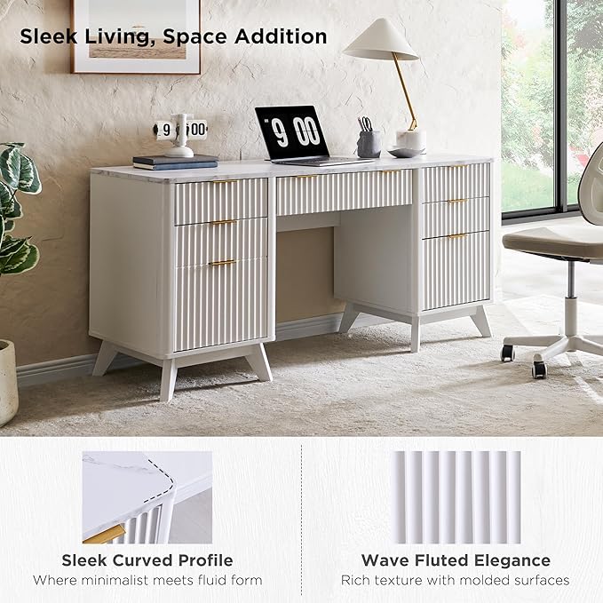 T4TREAM 60'' Fluted Executive Desk with Drawers Modern Home Office Computer Desk with Charging Station Keyboard Tray File Drawer and Storage Cabinet for Study Living Room Bedroom Solid White