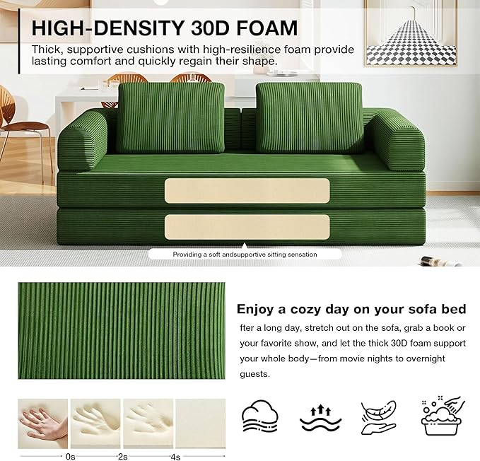 Convertible Sofa Bed 5-in-1 Pull-Out Futon Boneless Couch for Living Room &amp Guest Room Corduroy Sleeper Sofa with Steel Support Brackets 78.7 3-Seater with 2 Pillows (Jade)