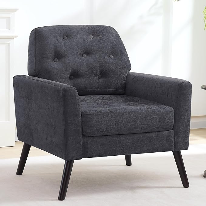 Accent Chair Set of 2 Mid Century Modern Living Room Chairs Upholstered Armchair with Tufted Back &amp Wood Legs Single Sofa Reading Side Chair for Bedroom Office Waiting Room Dark Grey