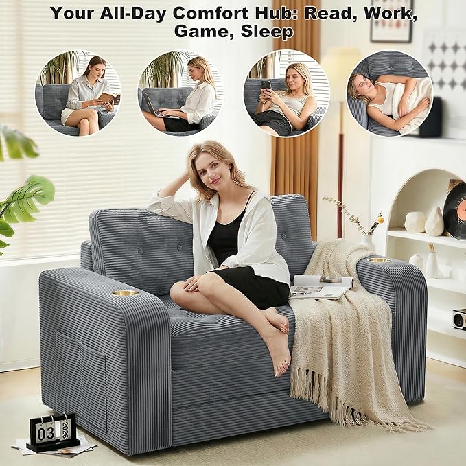 55 Futon Sofa Bed 4‑in‑1 Convertible Sofa Bed Folding Boneless Couches for Living Room Fold Out Small Foldable Loveseat Floor Sleeper Comfy Mattress Lounge Space‑Saving Grey