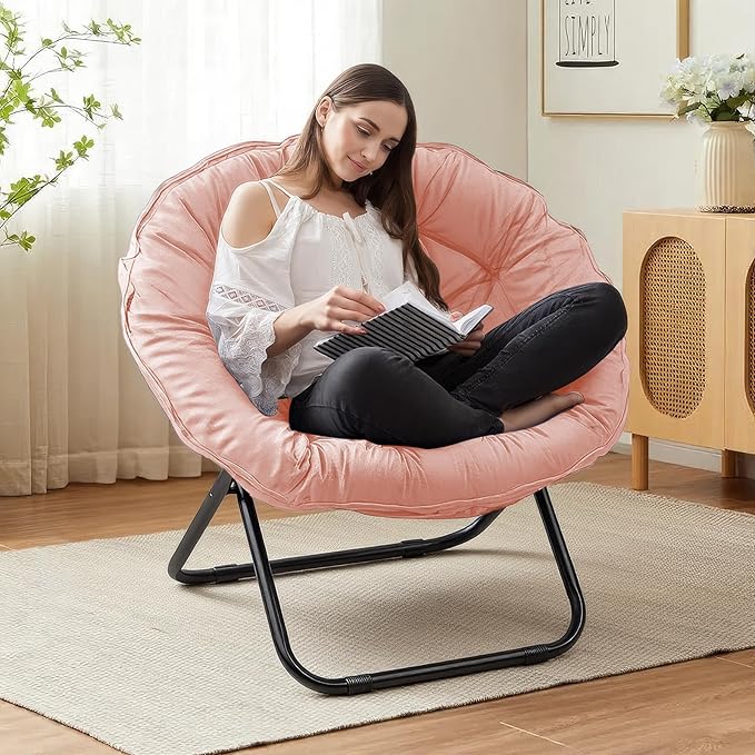 Folding Saucer Chairs for Living Room Circle Chairs with Faux Fur Moon Saucer Chairs for Adults Dorm Reading (Pink)