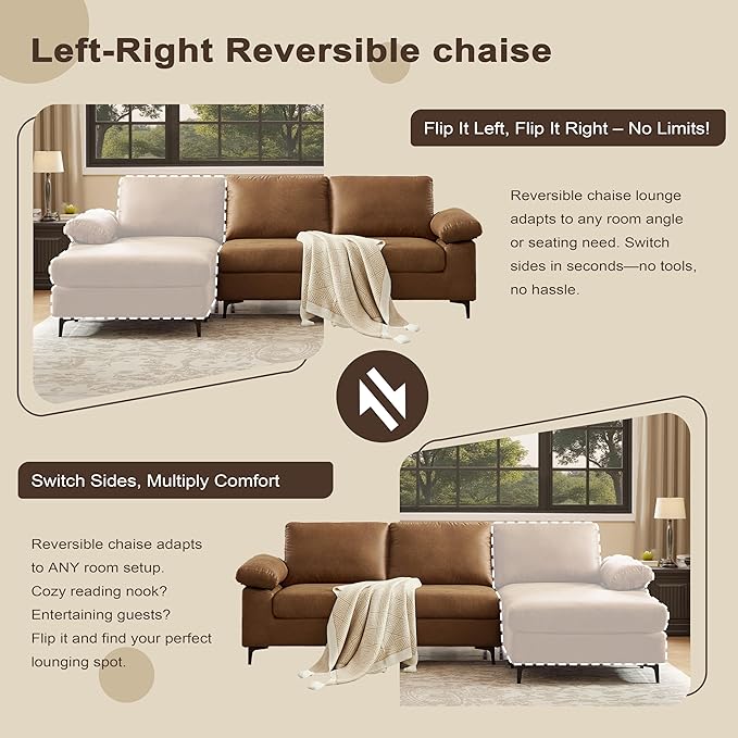 100.8''Sectional Couches for Living Room L Shaped Couch Faux Leather Couch Modular Sofa with Chaise and Back Cushions for BedroomApartment(Brown 100.8'')