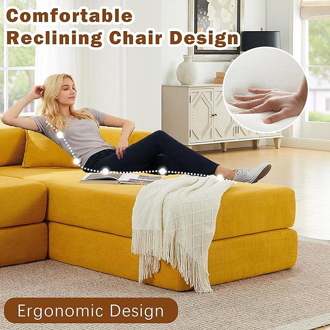 108 W Corduroy Modular Cloud Couch with Fixed-Shape Frame Oversized L-Shaped Sectional Sleeper Sofa Bed with Pull Out Bed No Assembly Modern Floor Boneless Couch for Living Room (Yellow)