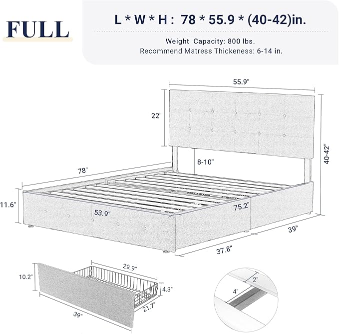 Allewie Upholstered Full Size Platform Bed Frame with 4 Storage Drawers and Headboard Square Stitched Button Tufted Mattress Foundation with Wooden Slats Support No Box Spring Needed Light Grey
