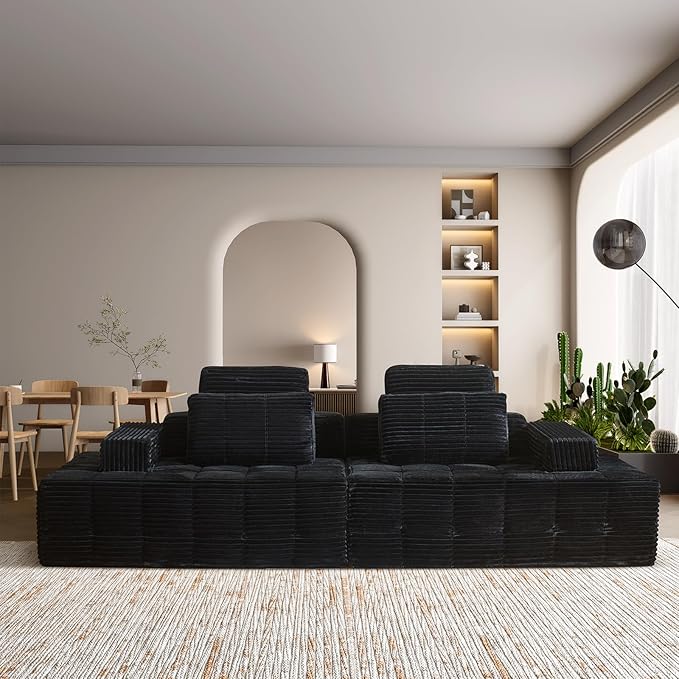 Modular Sectional Sofa with Movable Handrails Straight-Row Boneless Sofa Sectional Couch for Living Room Deep Seat Memory Foam Faux Rabbit Fur Fabric Sofa No Assembly Required(Black)