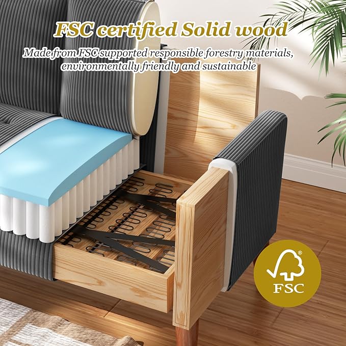 Vesgantti Loveseat Sofa with Solid Wood Legs48 Small Corduroy Couches for Small Spaces Mid Century Modern Love Seat for Living Room Bedroom Easy Assembly with Throw Pillow Grey