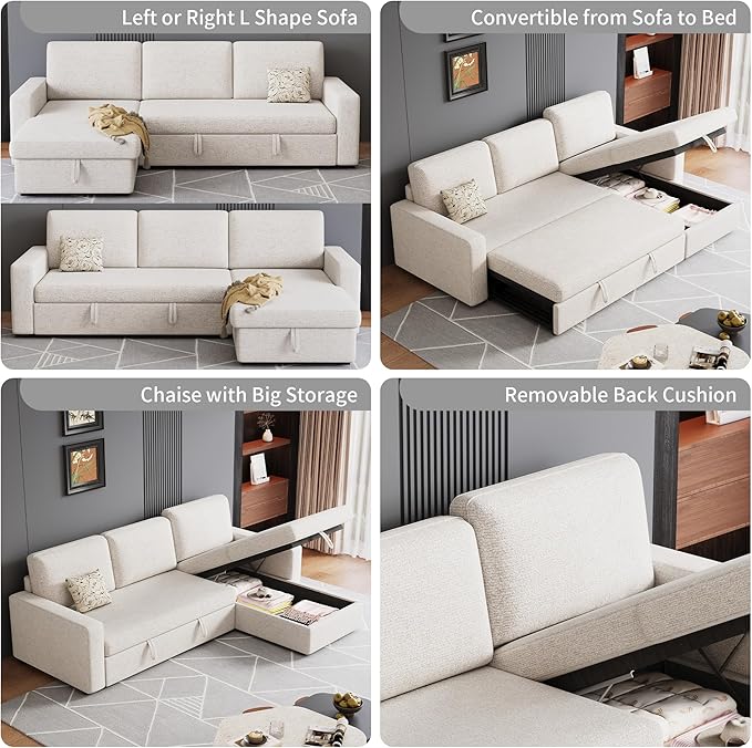 81 inch 3-seat Convertible L Shaped Sleeper Sofa Pull Out Sectional Couch with Storage Chaise &amp Removable Cushions Modern Furniture for Small Living Room Apartment Loft Beige