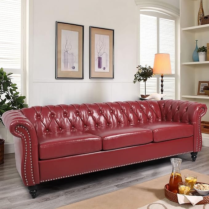 LEVNARY Chesterfield Sofa Classic Tufted Upholstered Leather Couch Modern 3 Seater Couch Furniture with Tufted Back for Living Room Office (Wine Red)