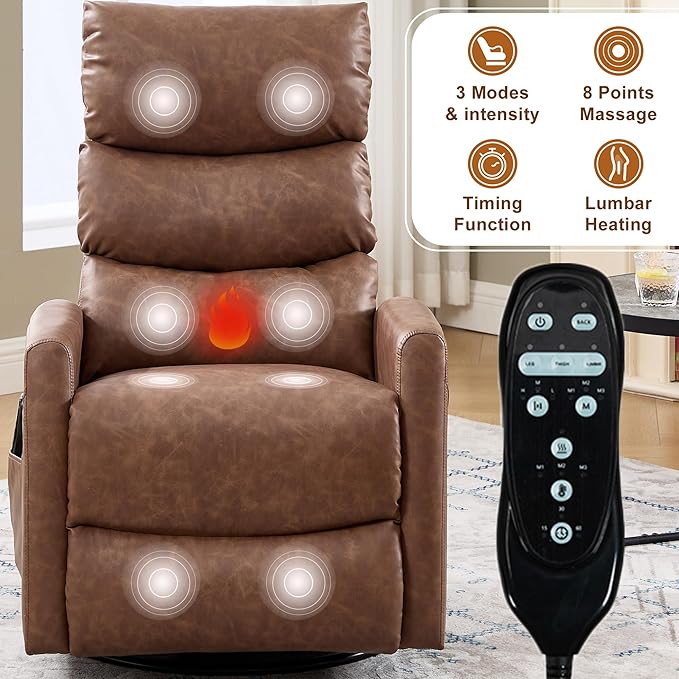 cinkehome Swivel Rocker Recliner Chair Upholstered Nursery Glider Recliner Chair with Heated Massage High Back Side Pocket (Light Brown PU Leather)