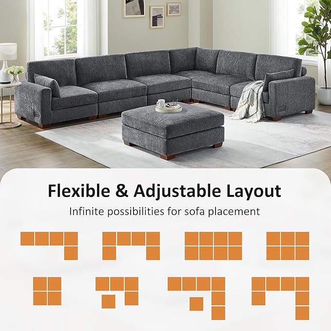VANOMi Large Modular Sectional Sofa Oversized Couch with Charging Station Cloud Couch Deep Seat Sofa with Thick Cushion Convertible Sectional Couches for Living Room Office Apartment