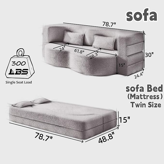 2 in 1 Convertible Compressed Sofa Bed 49'' Modern Boneless Single Sleeper in a Box Floor Mattress Futon Loveseat Couch No Assembly Needed Space Saving Dark Grey 2 Pillows Twin for Home