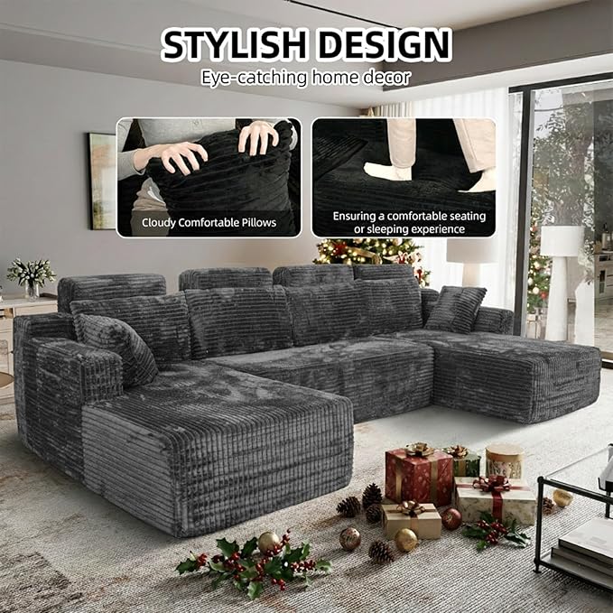 134 Boneless Couch for Living Room Oversized U Shaped Modular Cloud Sofa with Deep Seat Ergonomic Memory Foam Sleeper Chair Comfy Fluffy Corduroy Sectional Couches No Assembly Grey