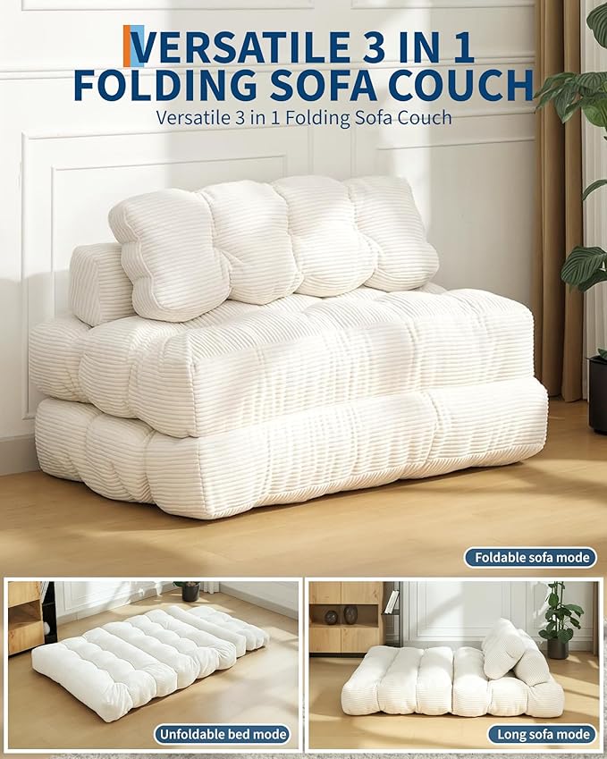 Garvee Folding Sofa Bed Convertible Sleeper Chair with Pillow Foldable Mattress with Back Support Boneless Fold Out Chair Bed Comfy Floor Sofa Lounge for Living Room Bedroom Beige Full