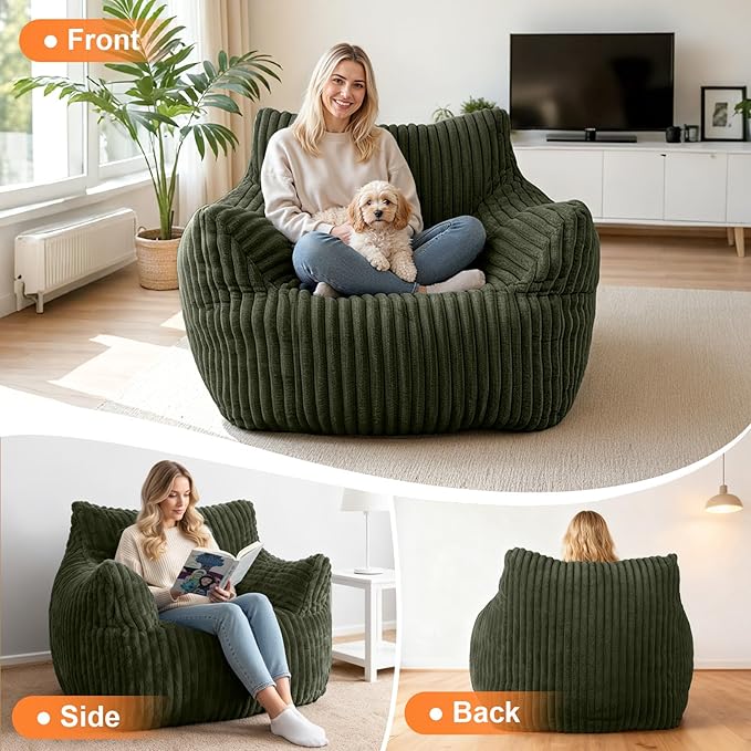 Giant Bean Bag Chair for Adults Oversized Memory Foam Bean Bag Sofa with Armrests Large Comfy Fluffy Single Lounges Mini Couch for Living Room Bedroom &amp Dorm(Green)