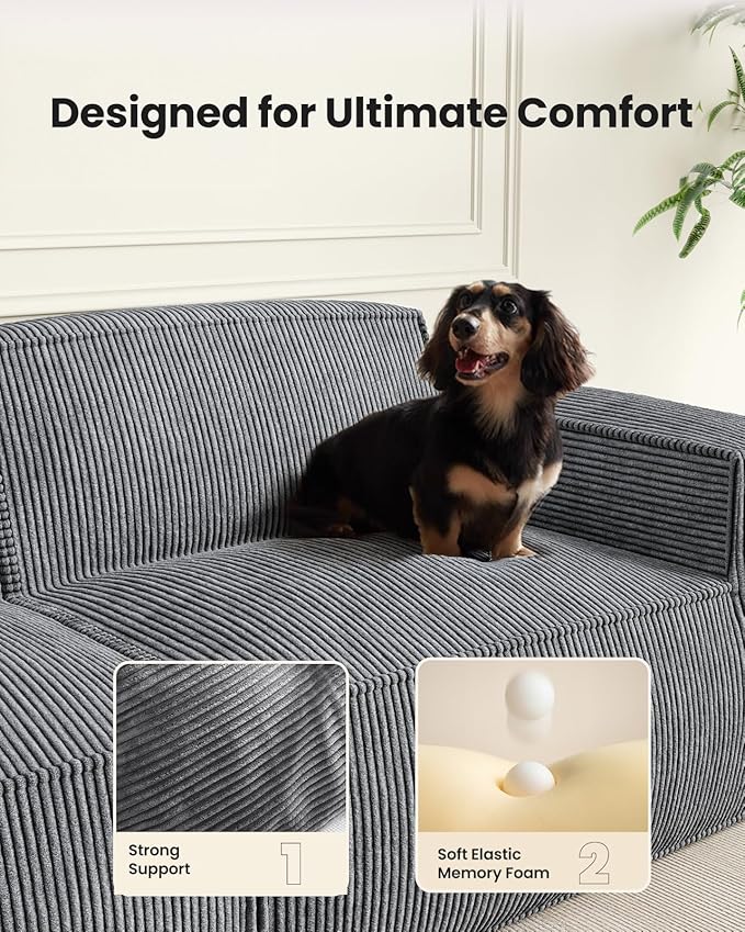 Amada 80 L Shaped Sofa Modular Corduroy Clopud Couches with Deep Seats &ampHigh-Back Upholstered Couches for Living Room Bedroom with Ottoman No Assembly Required(2-Seater&amp1 OttomanGrey)