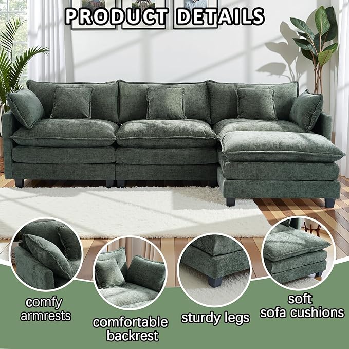 Gexpusm Modular Sectional Sofa108 L Shaped Couches for Living Room3 Seats Sofas with Movable OttomanCloud Sectional Couch with Deep SeatOversized Sleeper Sofa Boneless for BedroomGreen