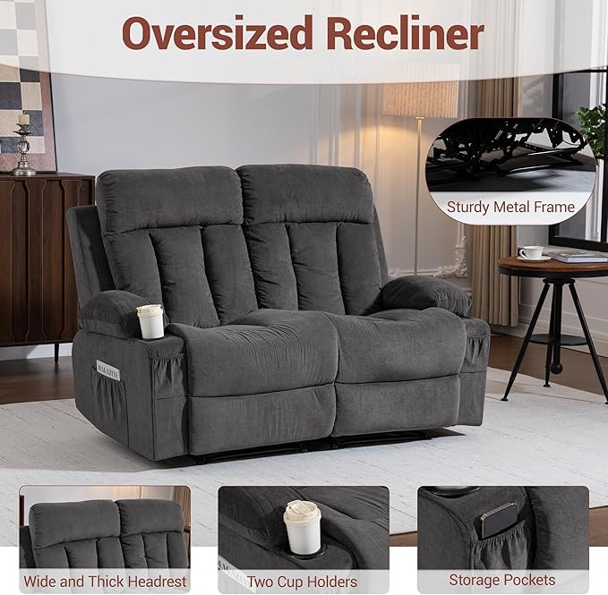 2 Seater Manual Reclining Loveseat Chair with Cup Holders 160° Wide Recline &amp Memory Foam Cushion Comfy Recliner Couch with Storage Pockets for Living Room Home Theater Office Grey