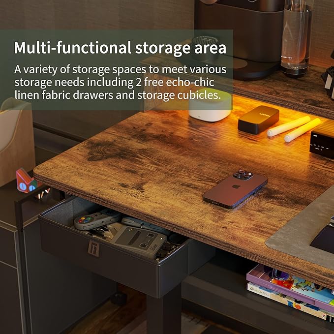 FEZIBO L Shaped Standing Desk with LED Strip &amp 2 Drawers Triple Motors Supports 330 lbs Upper and Lower Storage Shelves Available Electric Height Adjustable for Home Office Rustic Brown