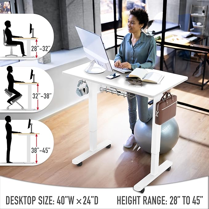 SHW 40-Inch Mobile Electric Height Adjustable Sit to Stand Desk with Drawer Hanging Hooks and Cable Management White