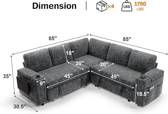 Vipbear 86 Modular Sectional Sleeper Sofa with Pull Out Bed 5 Seat Chenille L Shaped Couch with USB Ports|Cup Holders|Side Table|Storage Seat Armrests Tool Free Assembly Grey