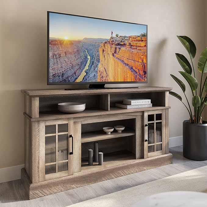 BELLEZE Traditional 58 Inch Rustic Wood TV Stand &amp Media Entertainment Center Console Table for TVs up to 65 Inches with Open Storage Shelves &amp Cabinets - Astorga (Ashland Pine)