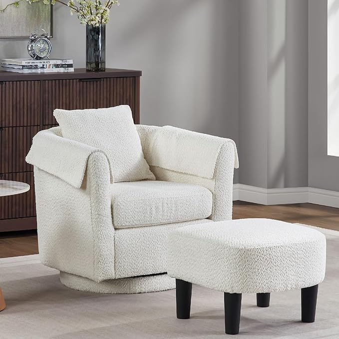 White Swivel Accent Chair with Ottoman 360° Barrel Chairs with Foot Stool Comfy Reading Chair with Removable Pillow &amp 2 Armrest Covers for Living Room Small Spaces Bedroom Chenille (White)