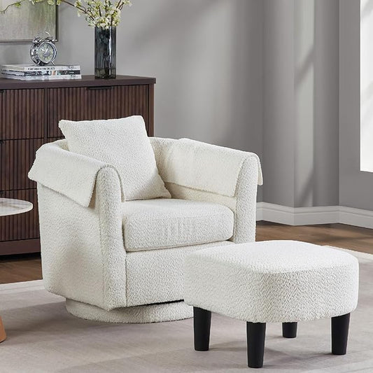 White Swivel Accent Chair with Ottoman 360° Barrel Chairs with Foot Stool Comfy Reading Chair with Removable Pillow &amp 2 Armrest Covers for Living Room Small Spaces Bedroom Chenille (White)