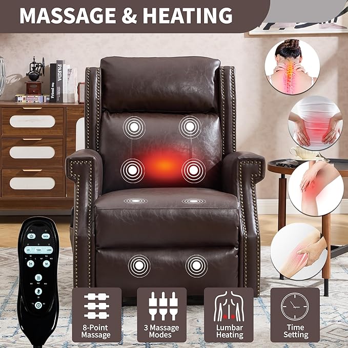 KEIKI Oversized Recliner Chair Manual Leather Recliner Chair with 8 Vibration Back Massager and Heating for Living Room Rocking Chaise Lounge Chair Indoor Antique Brown