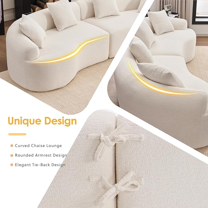 Oversized Sectional Sofa for Living Room 110 Modern Luxury Chenille 4-Seater Extra Deep &amp Wide Seat Curved Cloud Couch with 4 Throw Pillows No Assembly Needed Cream White