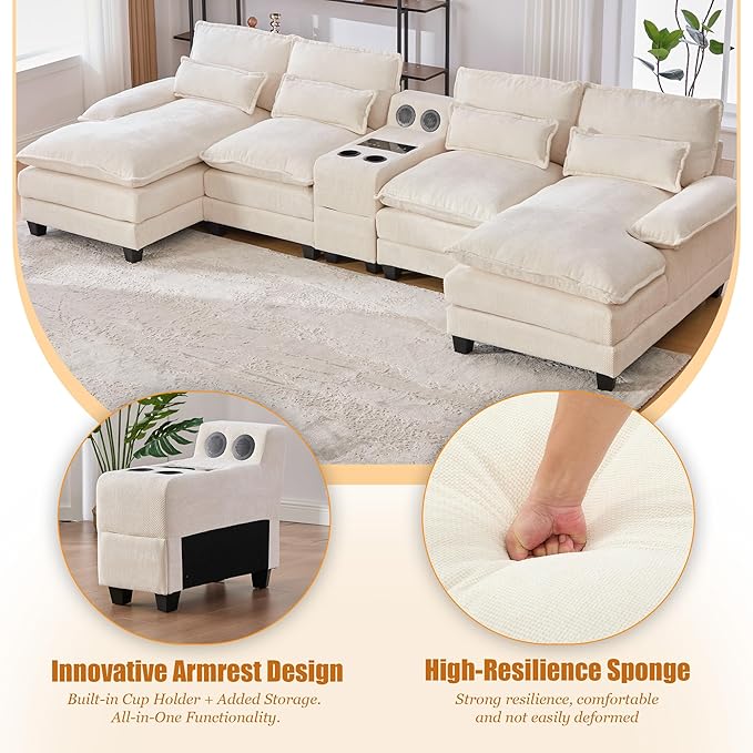 126 Modular Sectional Sofa with Storage Console Cloud Couch Chenille U-Shaped Sofa Cup Holders &amp Wireless Charger Memory Foam Double Chaise for Living Room Office Beige