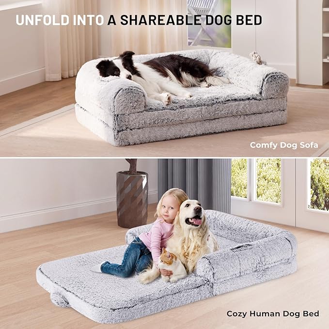 Human Dog Bed for Adult 2 in 1 Foldable Giant Dog Bed for People Fits Pet Families Egg Foam Supportive Mat Waterproof Liner Faux Fur Human Size Pet Bed with Blanket 71x43x10 Grey