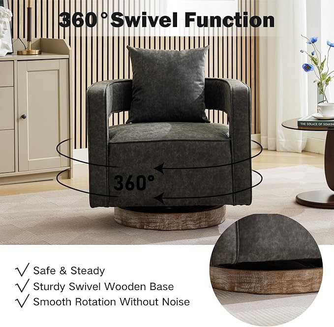 Chifee &amp Vingol 29.1 PU Leather Swivel Accent Chair Mid Century Retro Barrel Chair with Solid Wood BaseGrey