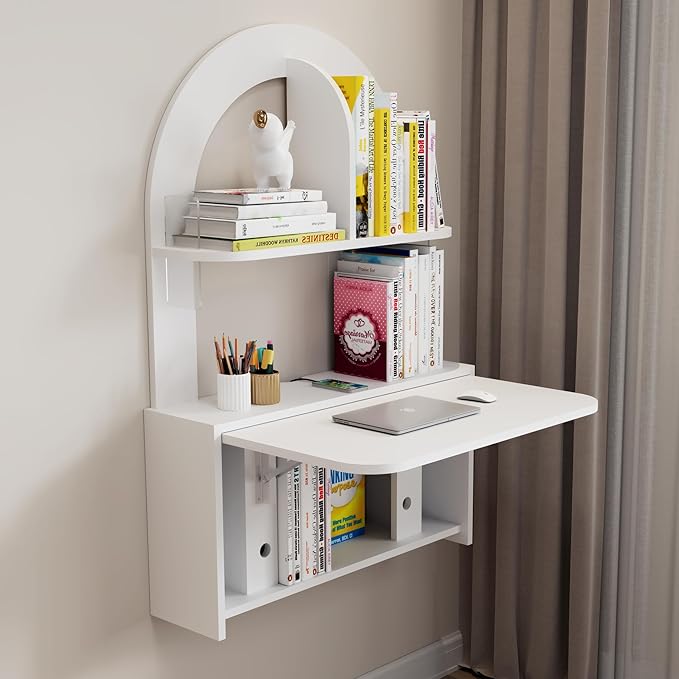 Wall Mounted Drop-Leaf Table Floating Laptop Desk Folding Table with Shelves Multifunctional Computer Workstation Storage Compartments in Home Office for Space Saving (White)