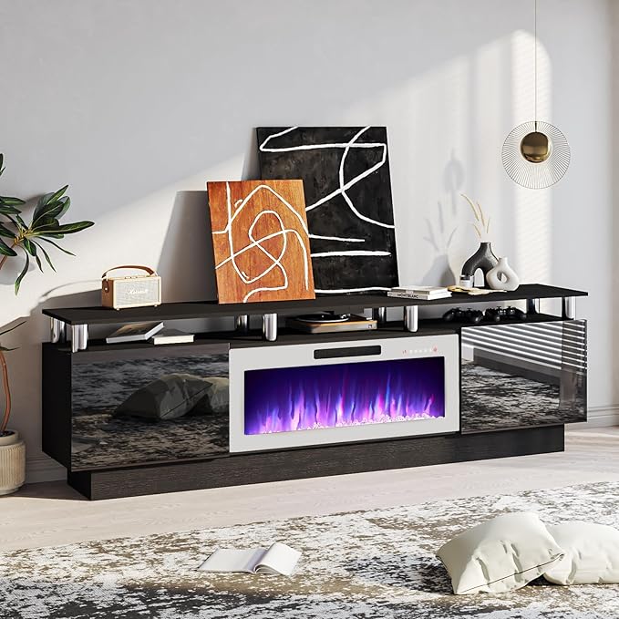 80 Modern Fireplace TV Stand with 36 Electric Fireplace for TVs Up to 90 inch Luxury LED Light Entertainment Center with High Gloss Cabinet Black + Silver Posts with White Fireplace