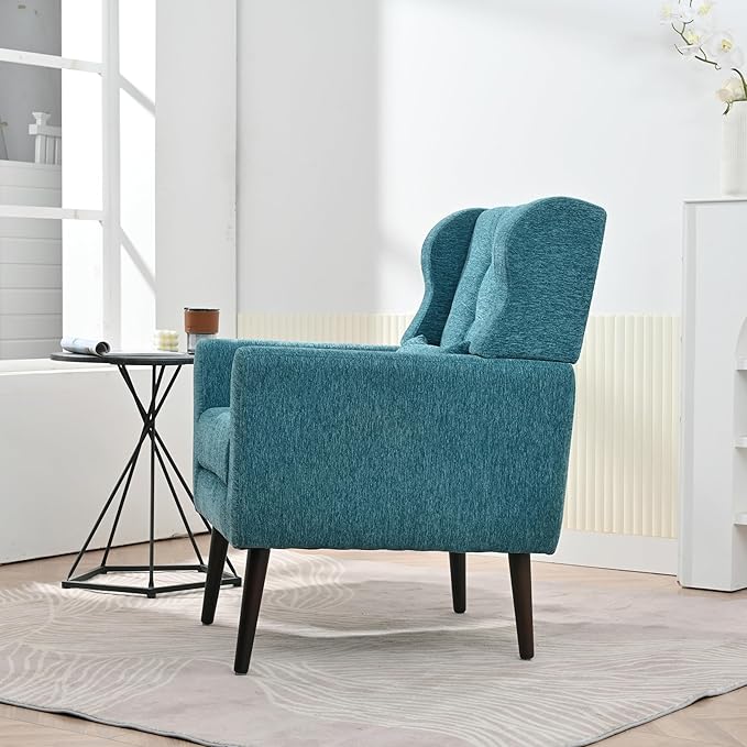 Generic Modern Accent ChairChenille Arm Chairs for Living RoomUpholstered Mordern ArmchairComfy Soft Padded Lounge Chair in Small Space Bedroom w/Pillow Solid Wood Leg (Teal)