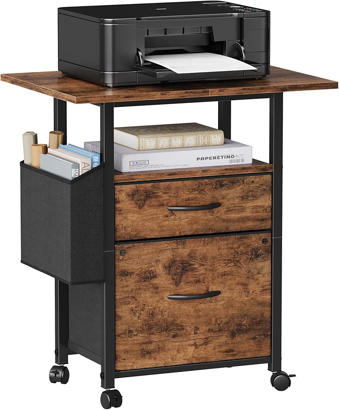 GYIIYUO 2 Drawer File Cabinet with 24'' Extended Desktop Mobile Filing Cabinet Rolling File Cabinet with Side Bag Fabric Drawer Fits A4/Letter Size Printer Stand Home Office Light Brown