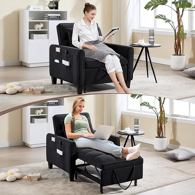 Modern Black Velvet 3 in 1 Sleeper Chair Bed Pull Out Sofa Bed Chair Adjustable Backrest 3 Reclining Positions Adult Size Indoor Use