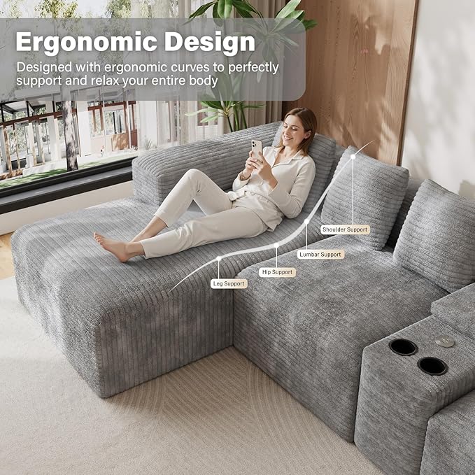 143 Oversized U Shaped Cloud Sectional Couches for Living Room Comfy Fluffy Corduroy Grey Boneless Couch Large Modular Sectional Sofa Set with Chaise Cup Holder USB Port Storage Console
