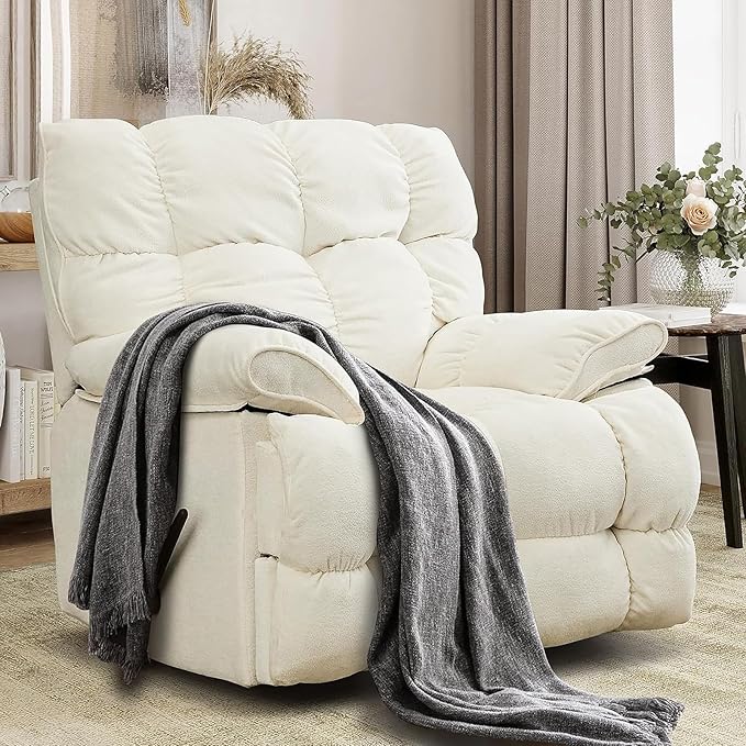 Oversized Rocker Recliner Chair for AdultsOverstuffed 360° Swivel Rocking Recliner Extra Wide Breathable Fabric Manual Reclining Single Sofa for Living Room (White)