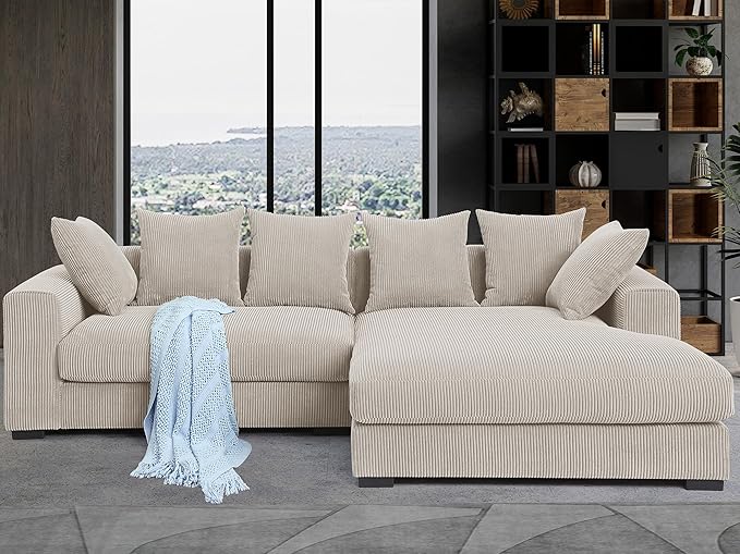 WILLIAMSPACE 109.75 Corduroy Sectional Sofa Couch for Living Room Modern Upholstered L-Shaped Sofa with Right-Facing Chaise Lounge Contemporary 4-Seat Couch with 6 Pillows (Beige)